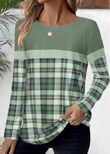 Sage Green tops,Plaid tops,Striped tops,Geometric tops,ROTITA Patchwork Plaid Sage Green Round Neck T Shirt