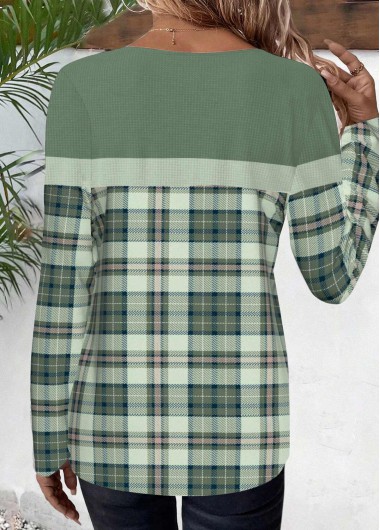 Sage Green tops,Plaid tops,Striped tops,Geometric tops,ROTITA Patchwork Plaid Sage Green Round Neck T Shirt