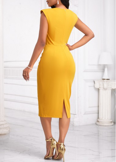 Yellow dresses,Plain Color dresses,Party dresses,Elegant dresses,ROTITA Ruffle Yellow V Neck Short Sleeve Bodycon Dress