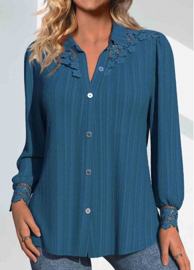 Peacock Blue tops,Plain Color tops,ROTITA Patchwork Peacock Blue Shirt Collar Long Sleeve Blouse