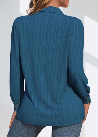 Peacock Blue tops,Plain Color tops,ROTITA Patchwork Peacock Blue Shirt Collar Long Sleeve Blouse