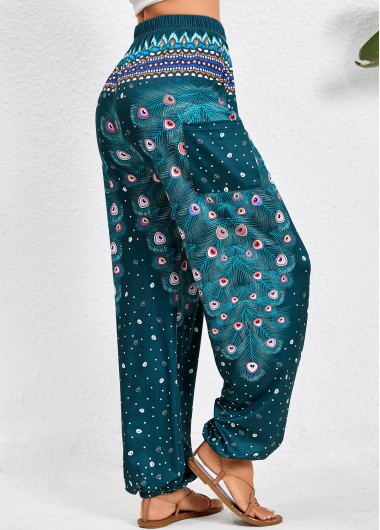 Turquoise bottoms,Tribal bottoms,Dot bottoms,Geometric bottoms,Pocket Feathers Print Turquoise Jogger Elastic Waist Pants