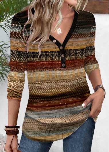 Multi Color tops,Striped tops,Geometric tops,ROTITA Patchwork Multi Stripe Print V Neck T Shirt