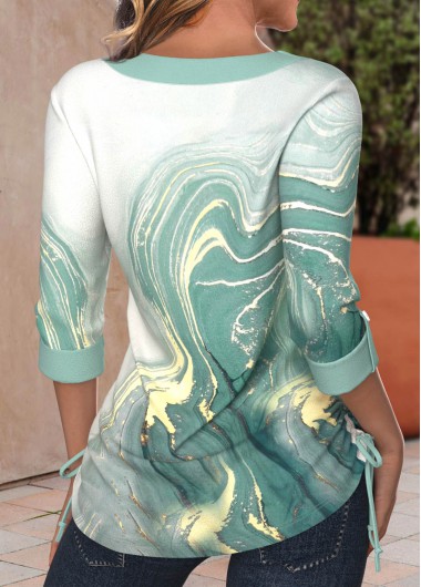 Light Green tops,Marble tops,ROTITA Ruched Marble Print Light Green V Neck T Shirt