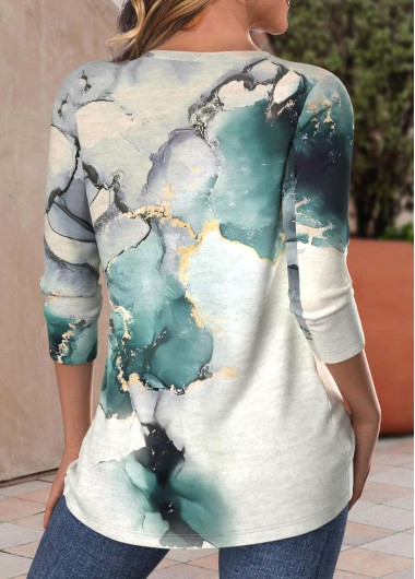 Turquoise tops,Marble tops,Striped tops,Geometric tops,ROTITA Criss Cross Marble Print Turquoise V Neck T Shirt