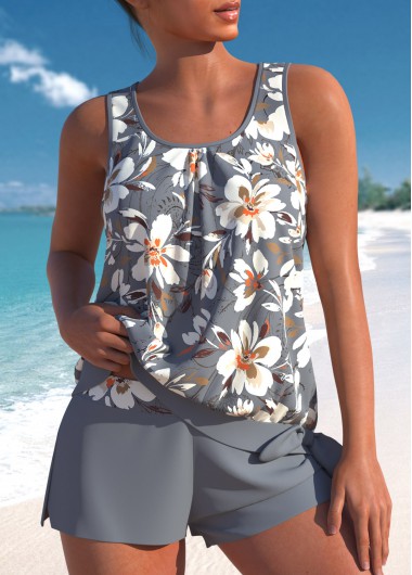 Grey plus size,Floral plus size,Plants plus size,ROTITA Plus Size Bowknot Floral Print Grey Tankini Set