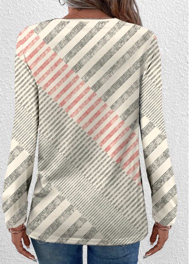 Beige plus size,Black plus size,Geometric plus size,Striped plus size,ROTITA Plus Size Patchwork Beige Geometric Print T Shirt