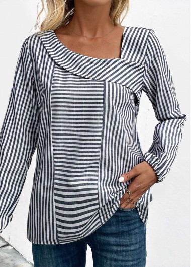 Navy tops,White tops,Striped tops,Geometric tops,ROTITA Asymmetry Striped Navy Asymmetrical Neck Long Sleeve Blouse