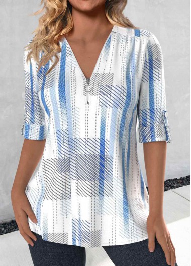 Sky Blue tops,White tops,Striped tops,Geometric tops,ROTITA Zipper Striped Sky Blue V Neck 3/4 Sleeve Blouse