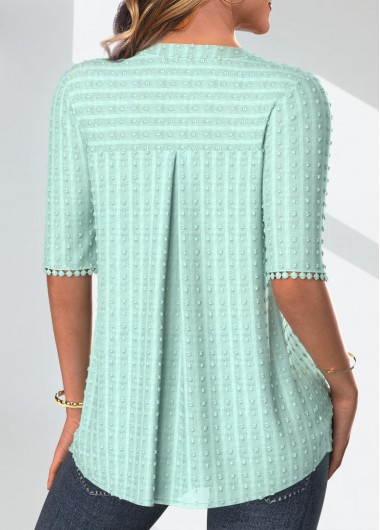 Mint Green tops,Plain Color tops,ROTITA Patchwork Mint Green Split Neck Half Sleeve Blouse