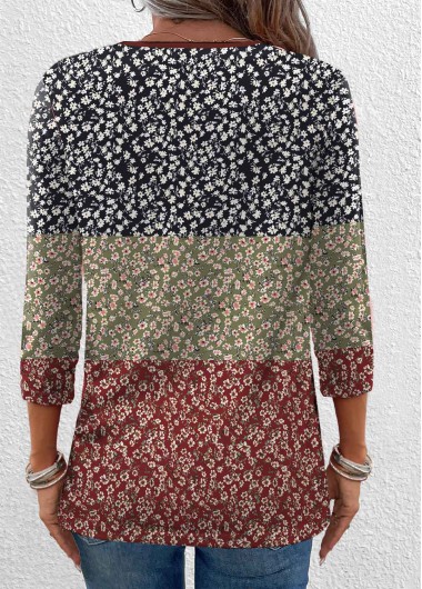 Multi Color tops,Ditsy Floral tops,ROTITA Button Ditsy Floral Print Multi Color T Shirt