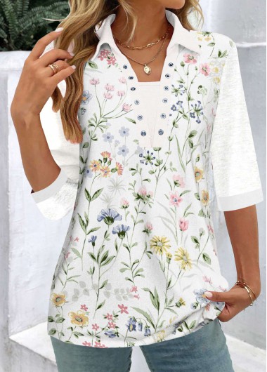 White tops,Floral tops,Plants tops,ROTITA Patchwork Floral Print White Shirt Collar Half Sleeve Blouse