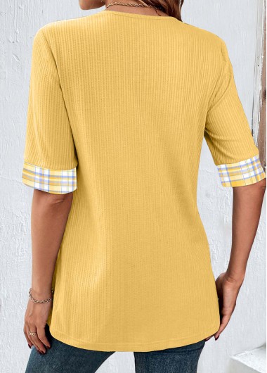 Yellow tops,Plaid tops,Striped tops,Geometric tops,ROTITA Fake 2in1 Plaid Yellow Scoop Neck T Shirt