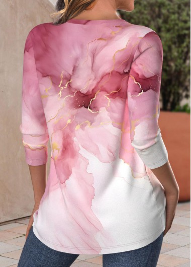 Pink tops,White tops,Marble tops,ROTITA Criss Cross Marble Print Pink V Neck T Shirt