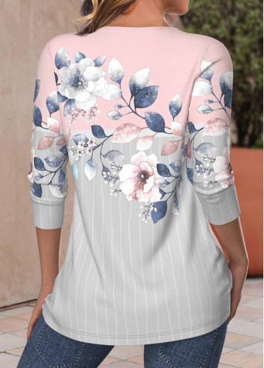 Light Pink tops,Grey tops,Floral tops,Plants tops,ROTITA Criss Cross Floral Print Light Pink T Shirt