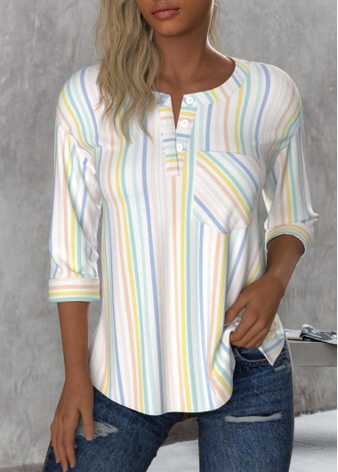 Multi Color tops,Striped tops,Geometric tops,ROTITA Button Striped Multi Color Round Neck 3/4 Sleeve Blouse