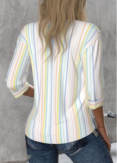 Multi Color tops,Striped tops,Geometric tops,ROTITA Button Striped Multi Color Round Neck 3/4 Sleeve Blouse