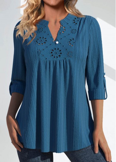 Peacock Blue tops,Plain Color tops,ROTITA Patchwork Peacock Blue Split Neck 3/4 Sleeve Blouse