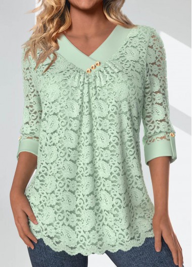 Light Green tops,Plain Color tops,ROTITA Lace Light Green V Neck 3/4 Sleeve Blouse