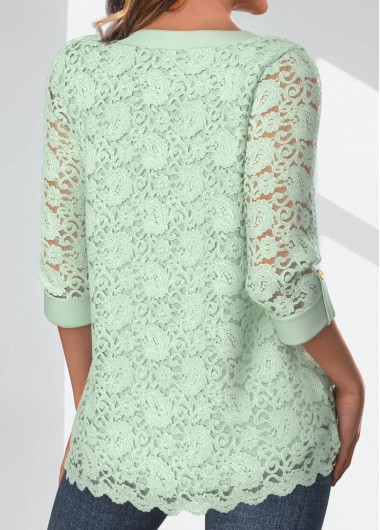 Light Green tops,Plain Color tops,ROTITA Lace Light Green V Neck 3/4 Sleeve Blouse