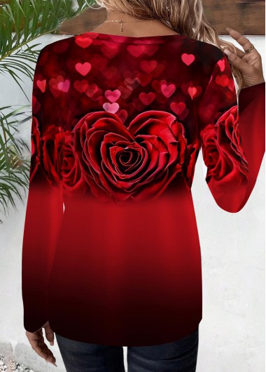 Red tops,Floral tops,Plants tops,Heart tops,Ombre tops,ROTITA Floral Print Red Round Neck T Shirt