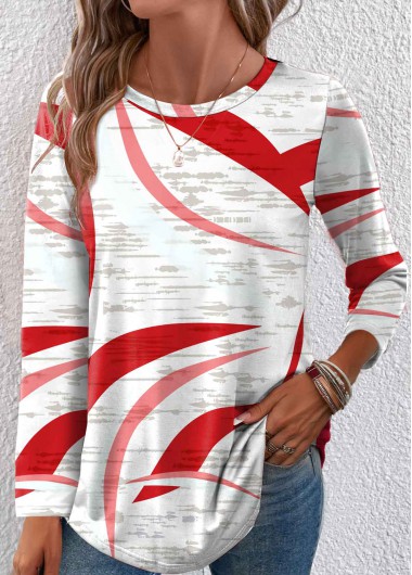 Red tops,White tops,Geometric tops,Lightweight Geometric Print Red Round Neck T Shirt