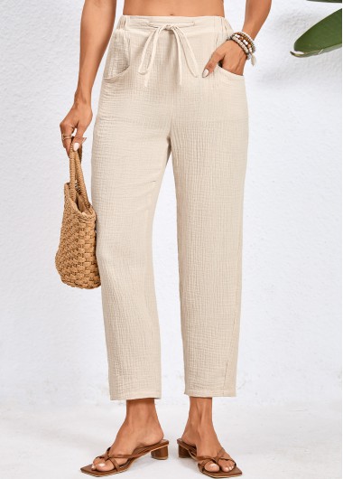 Beige bottoms,Plain Color bottoms,Pocket Beige Drawastring High Waisted Pants