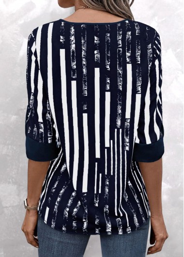 Navy tops,Striped tops,Geometric tops,ROTITA Patchwork Striped Navy Split Neck 3/4 Sleeve Blouse