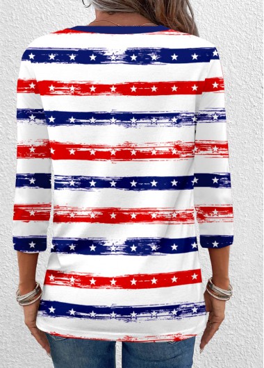 Navy tops,Striped tops,Geometric tops,ROTITA Button Striped Navy V Neck 3/4 Sleeve T Shirt