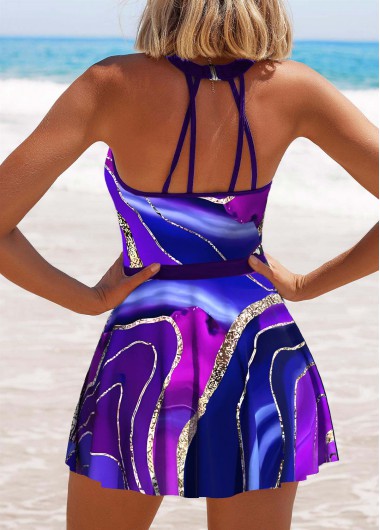 Purple swimwear,Purplish Blue swimwear,Dazzle Colorful swimwear,ROTITA Cage Neck Purple Dazzle Colorful Print Tankini Set
