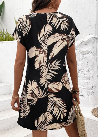 Black dresses,Plants dresses,Vacation dresses,Vacation dresses,Tropical Plants Print Black Short V Neck Shift Dress