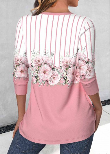 Pink tops,White tops,Floral tops,Plants tops,Striped tops,ROTITA Criss Cross Floral Print Pink V Neck T Shirt