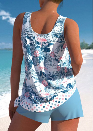 Dusty Blue swimwear,Floral swimwear,Plants swimwear,Dot swimwear,ROTITA Patchwork Dusty Blue Floral Print Tankini Set