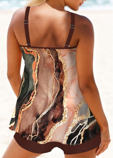 Dark Coffee swimwear,Marble swimwear,ROTITA Circular Ring Dark Coffee Marble Print Tankini Set