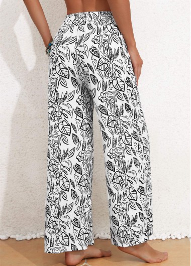 White bottoms,Black bottoms,Plants bottoms,Pocket Leaf Print White Elastic Waist High Waisted Pants