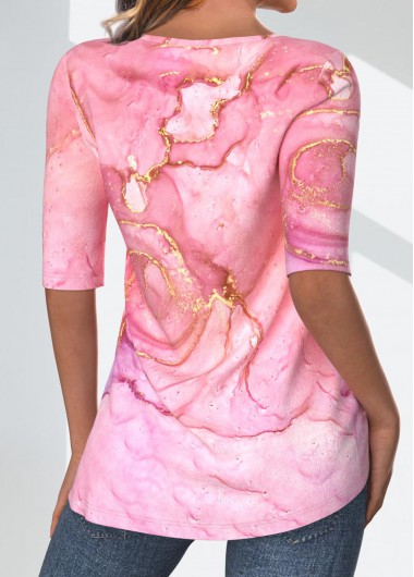Pink tops,Marble tops,ROTITA Split Marble Print Pink Round Neck T Shirt