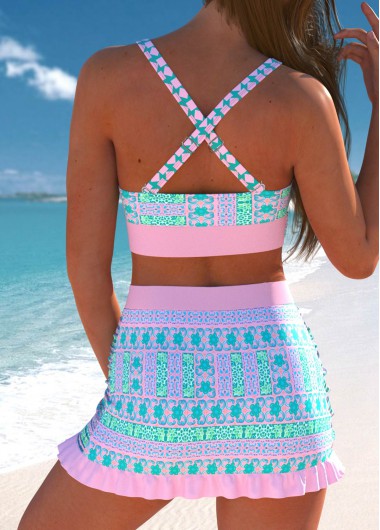 Pink swimwear,Tribal swimwear,Geometric swimwear,Floral swimwear,Plants swimwear,ROTITA Surplice Pink Tribal Print Bikini Set