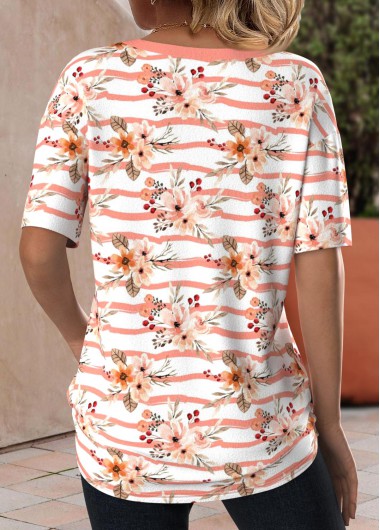 Dusty Pink tops,White tops,Floral tops,Plants tops,Striped tops,ROTITA Patchwork Floral Print Dusty Pink V Neck T Shirt
