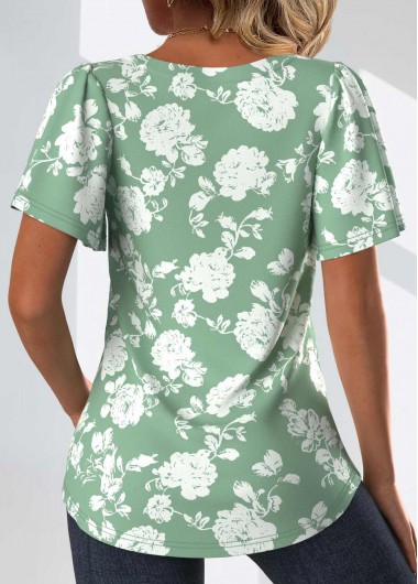 Sage Green tops,White tops,Floral tops,Plants tops,ROTITA Tuck Stitch Floral Print Sage Green T Shirt