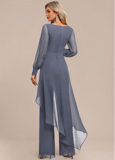 Dusty Blue jumpsuits&rompers,Plain Color jumpsuits&rompers,ROTITA Patchwork Dusty Blue Long Scoop Neck Jumpsuit