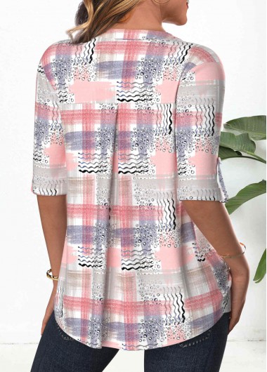 Light Pink tops,Geometric tops,Striped tops,ROTITA Button Geometric Print Light Pink Split Neck Blouse