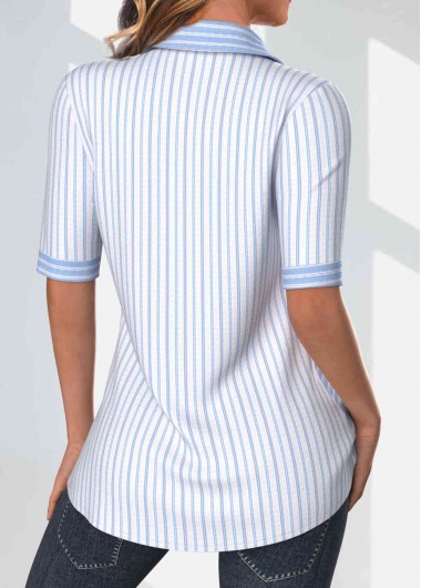 Light Blue tops,Striped tops,Geometric tops,ROTITA Patchwork Striped Light Blue Shirt Collar Half Sleeve Blouse