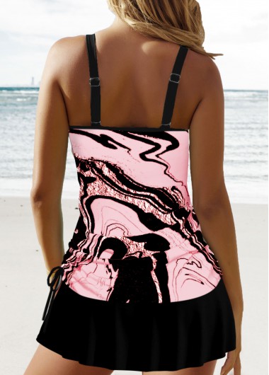 Pink swimwear,Striped swimwear,Geometric swimwear,ROTITA Circular Ring Pink Wave Pattern Print Tankini Set