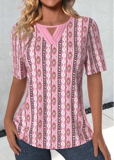 Pink tops,Tribal tops,Striped tops,Geometric tops,Floral tops,ROTITA Cut Out Tribal Print Pink Round Neck T Shirt