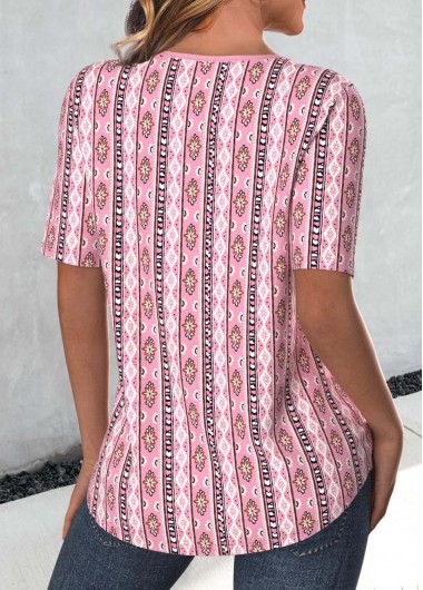 Pink tops,Tribal tops,Striped tops,Geometric tops,Floral tops,ROTITA Cut Out Tribal Print Pink Round Neck T Shirt