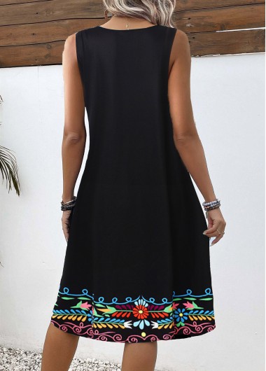 Black dresses,Tribal dresses,Floral dresses,Plants dresses,Geometric dresses,Everyday dresses,Casual dresses,ROTITA Breathable Tribal Print Black A Line Split Neck Dress