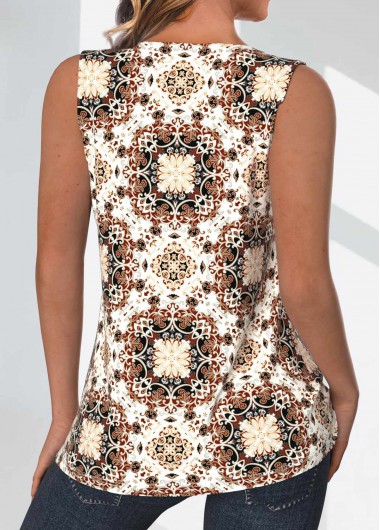 Light Coffee tops,Tribal tops,Geometric tops,ROTITA Patchwork Tribal Print Light Coffee Round Neck Tank Top