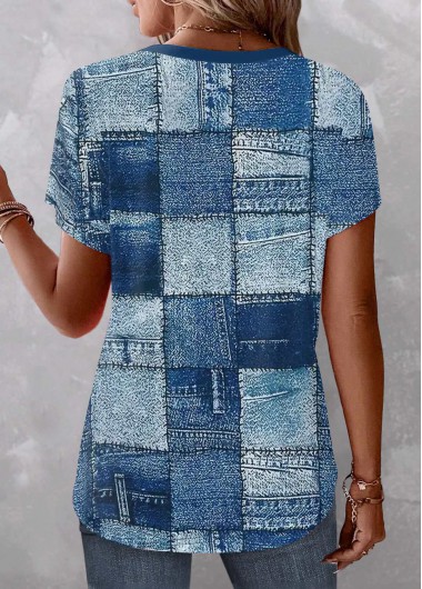 Blue tops,Geometric tops,Plaid tops,Denim-Effect Print tops,ROTITA Button Geometric Print Blue Split Neck Short Sleeve Blouse
