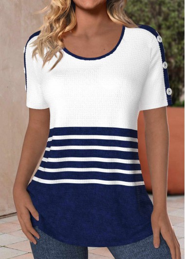 Navy tops,White tops,Striped tops,Geometric tops,ROTITA Button Striped Navy Round Neck Short Sleeve T Shirt