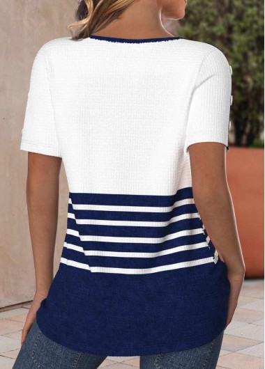 Navy tops,White tops,Striped tops,Geometric tops,ROTITA Button Striped Navy Round Neck Short Sleeve T Shirt